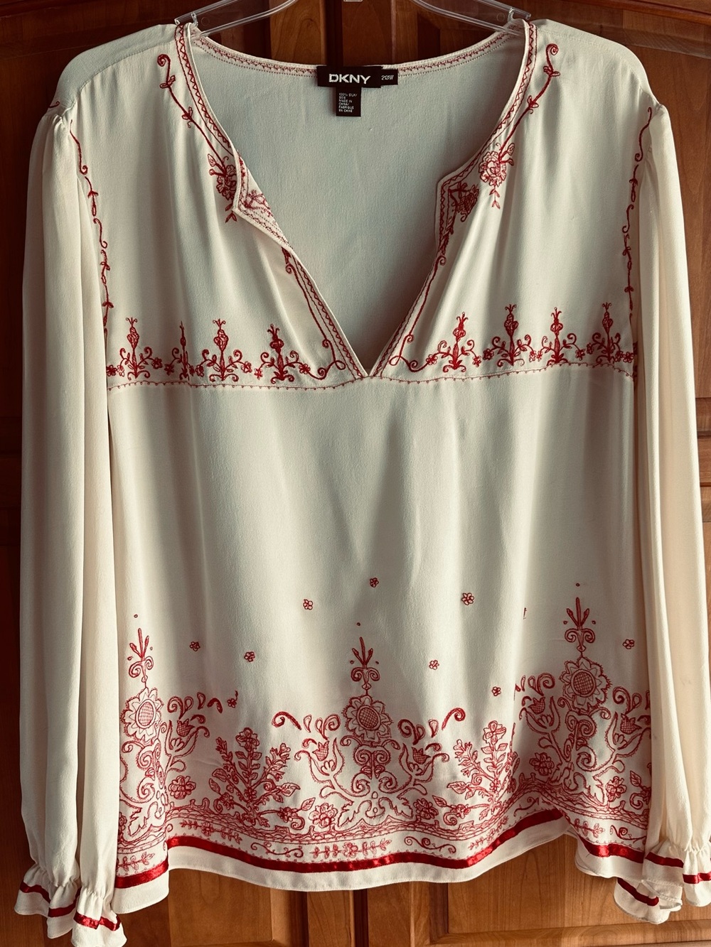 DKNY Silk Cream Silk Pop Over Blouse w/Red embroidered Stitching, 20W, NWOT